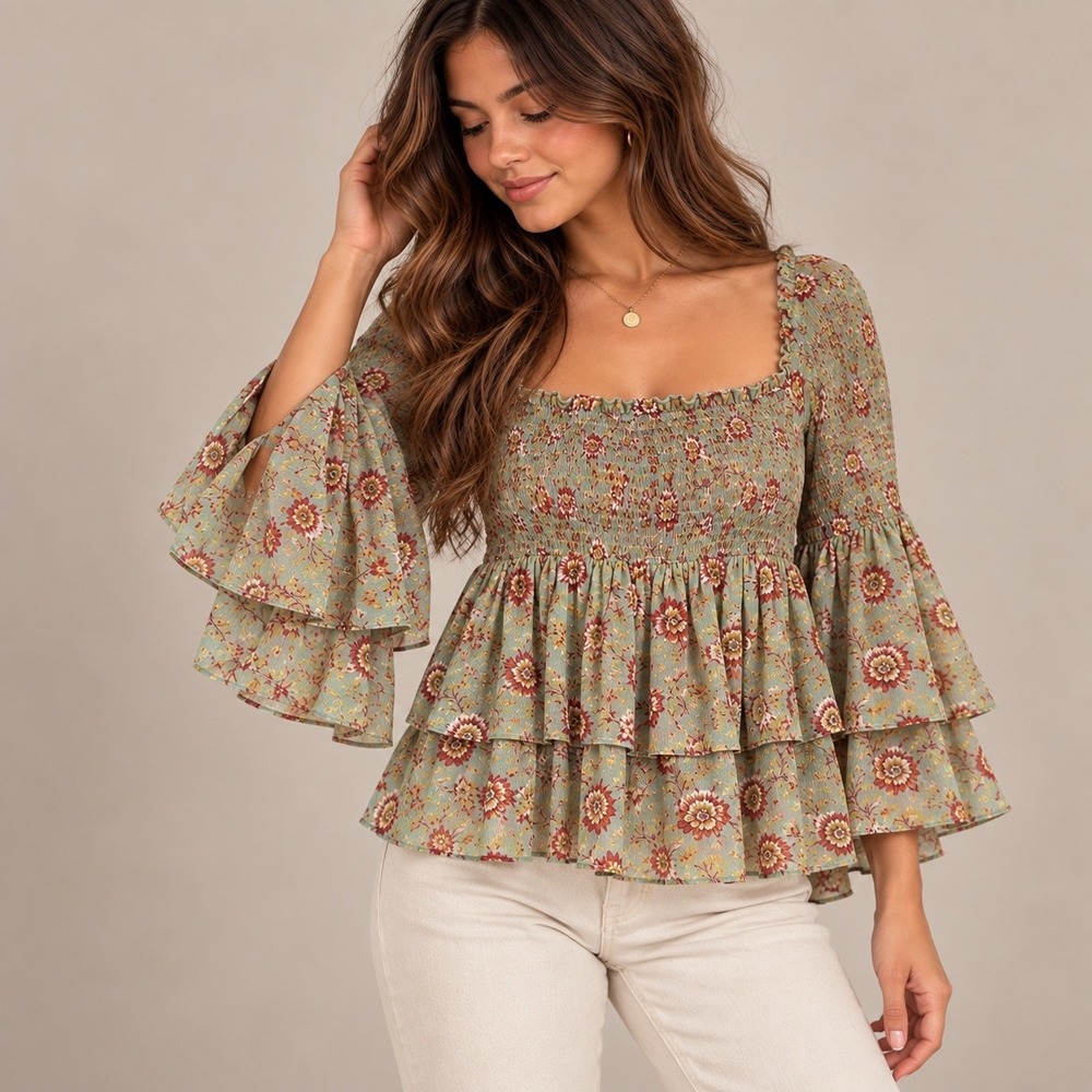 Free People Golden Age Floral Smocked Tiered Top Sage Green M